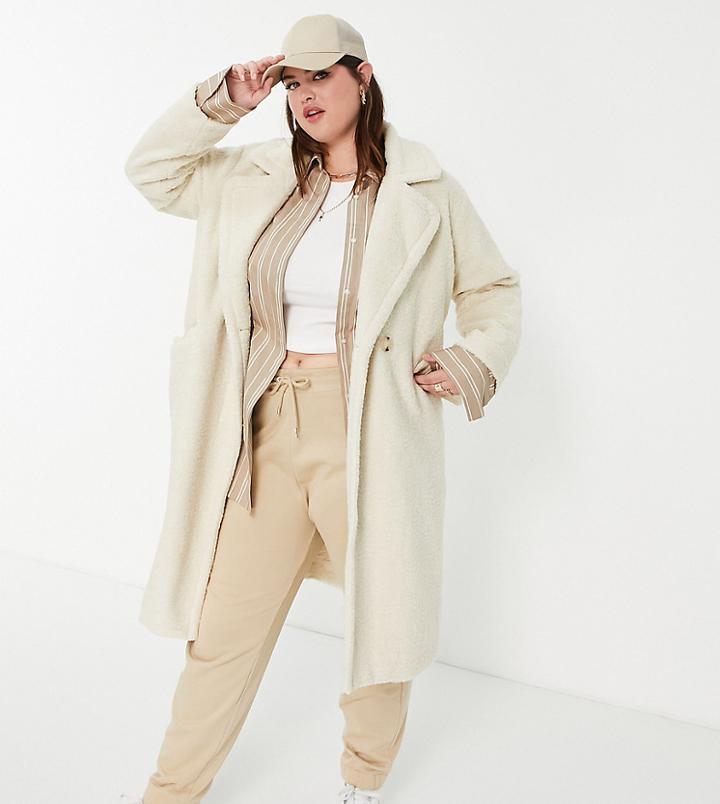 Fashion Union Plus Oversized Longline Coat In Cream Boucle-white