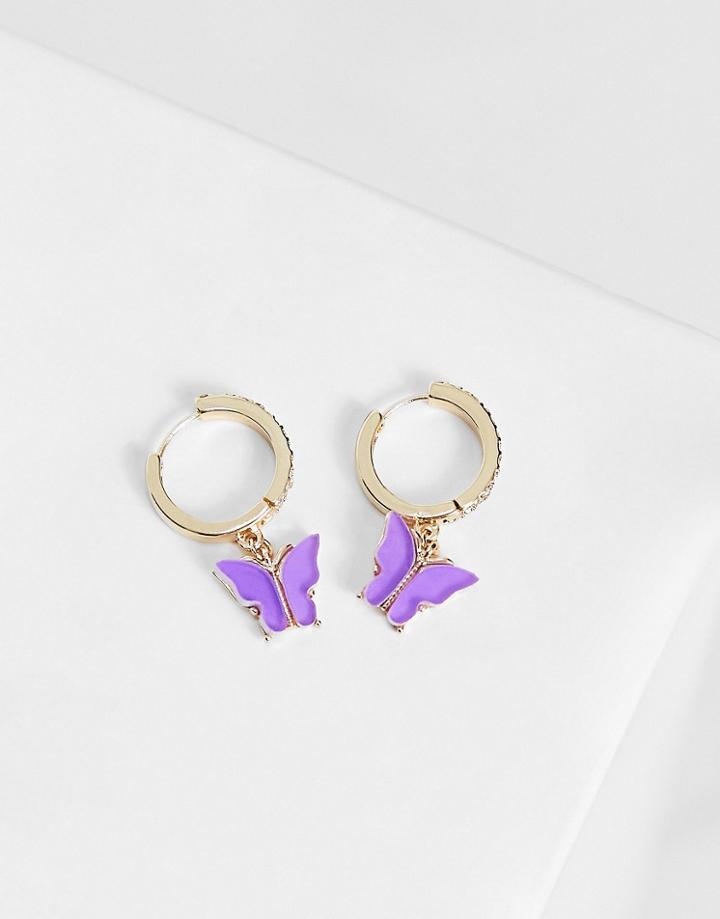 Monki Cora Butterfly Drop Hoop Earrings In Gold