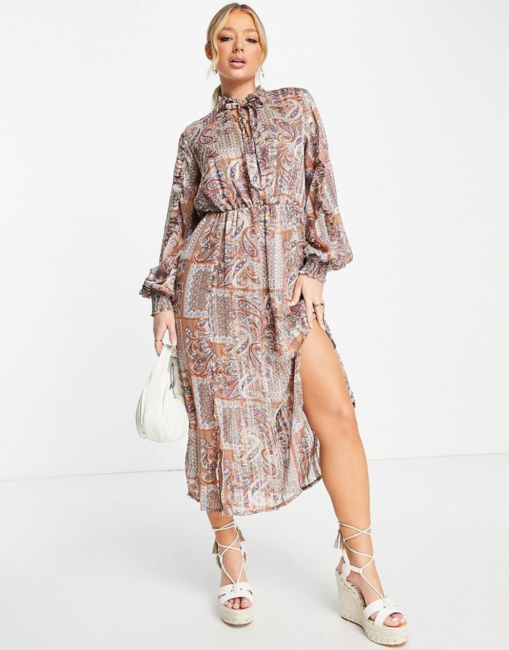 Missguided Paisley Print Tie Neck Midaxi Dress In Pink-multi