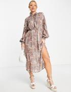 Missguided Paisley Print Tie Neck Midaxi Dress In Pink-multi