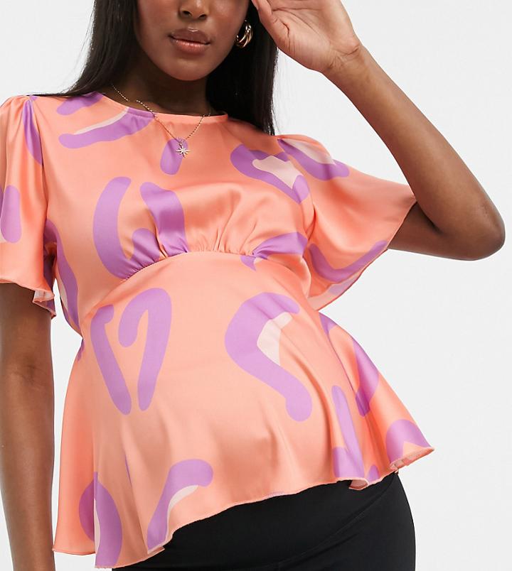 Blume Studio Maternity Flutter Sleeve Blouse In Coral Animal-orange