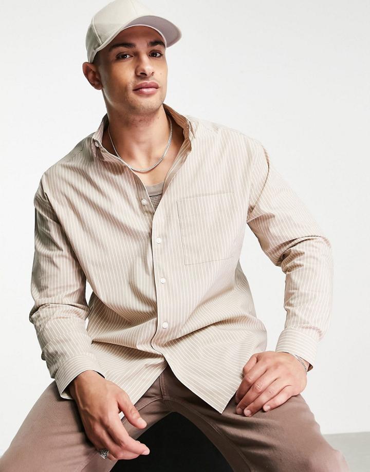 Asos Design 90s Oversized Shirt In Beige Stripe-neutral