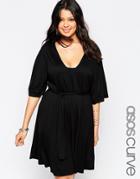 Asos Curve Skater Dress With Deep V & Belt - Black