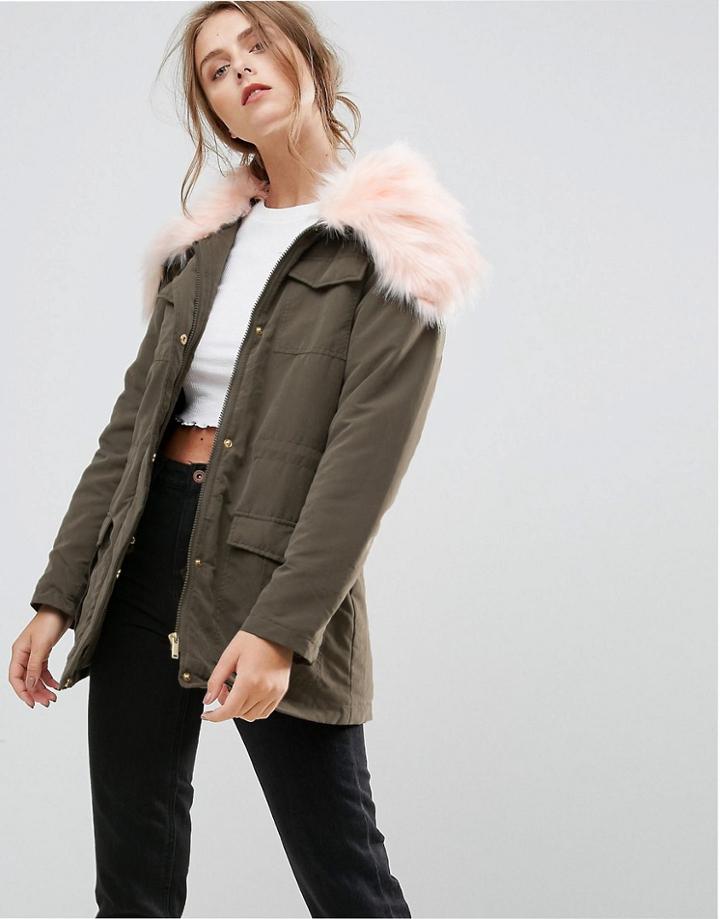 Missguided Faux Fur Collar Parka Coat - Green
