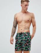 Asos Design Swim Shorts In Floral Print Mid Length - Black