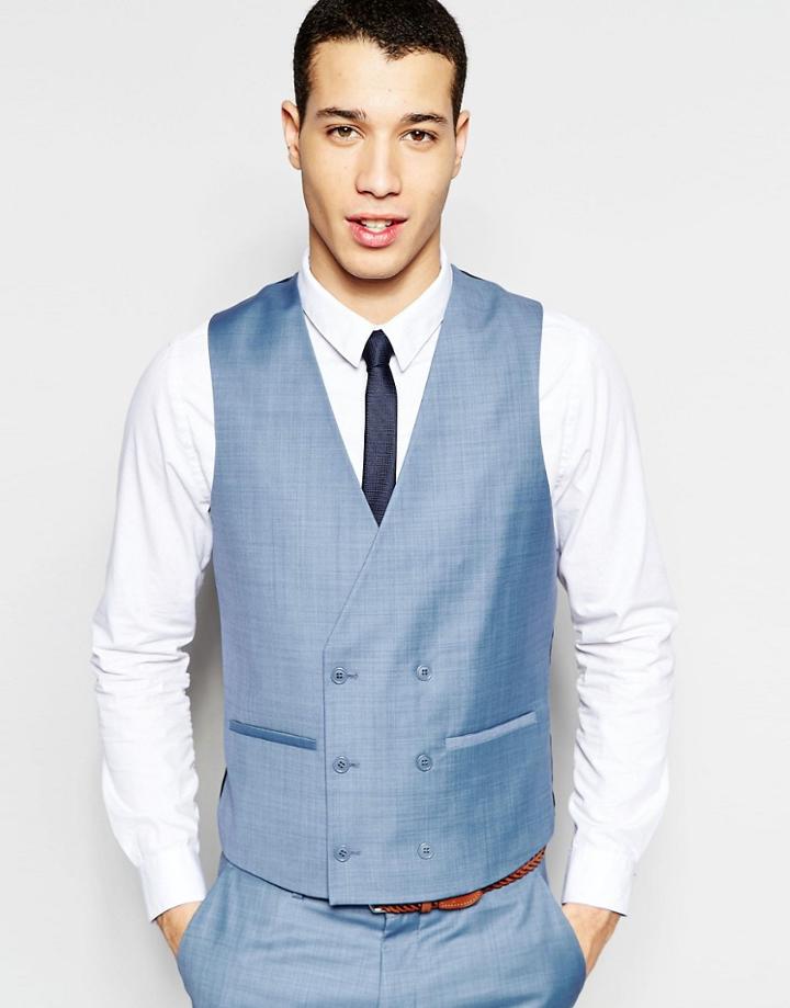 Asos Skinny Double Breasted Waistcoat In Blue - Blue