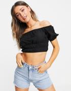 Monki Nellie Off-the-shoulder Puff Sleeve Crop Top In Black