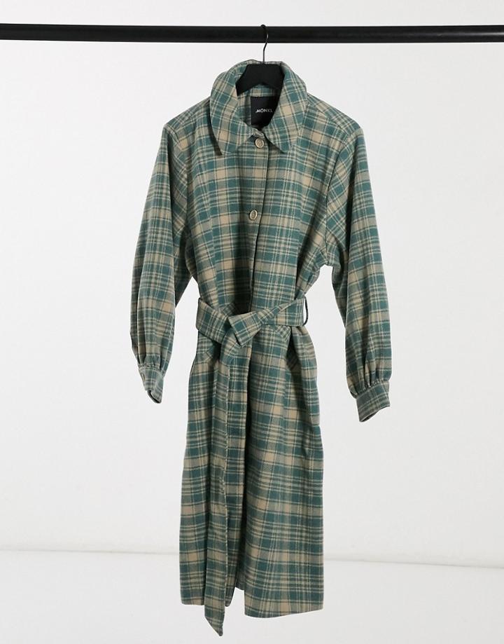 Monki Rosie Plaid Print Coat With Belt In Green