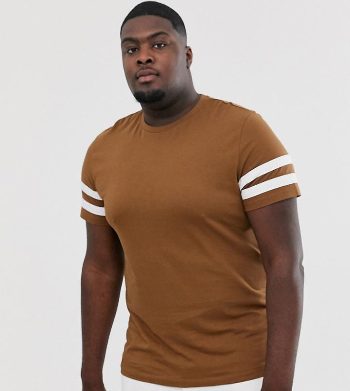 Asos Design Plus Organic T-shirt With Sleeve Stripes In Brown
