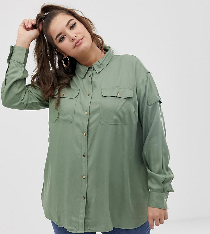 Asos Design Curve Utility Long Sleeve Shirt-green