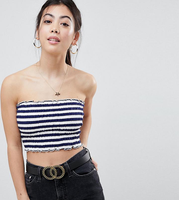 Asos Design Petite Shirred Bandeau Crop Top In Stripe Print - Multi