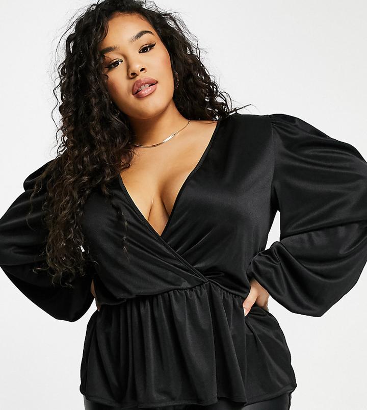 Asos Design Curve Exclusive Long Sleeve Wrap Top With Peplum In Black