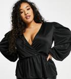 Asos Design Curve Exclusive Long Sleeve Wrap Top With Peplum In Black