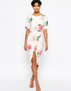 Asos Occasion Wiggle Dress In Floral Print With Wrap Front - Multi