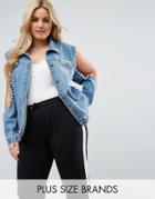 Liquor & Poker Plus Denim Jacket With Exposed Shoulders And Pearl Detail - Blue