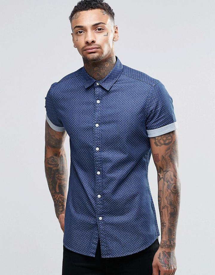 Asos Skinny Denim Shirt With Polka Dot In Rinse Wash And Short Sleeves - Rinse Wash