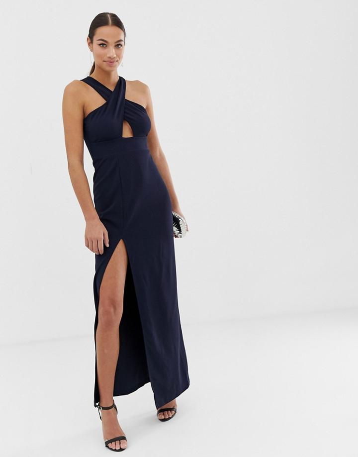 Ax Paris Cut Out Detail Thigh Split Maxi Dress-navy