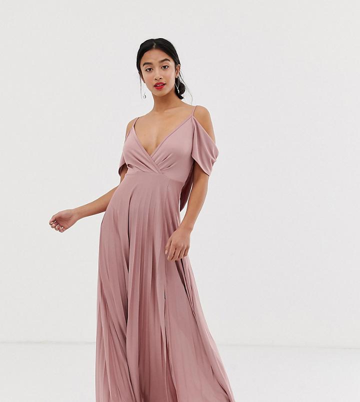 Asos Design Petite Cold Shoulder Cowl Back Pleated Maxi Dress