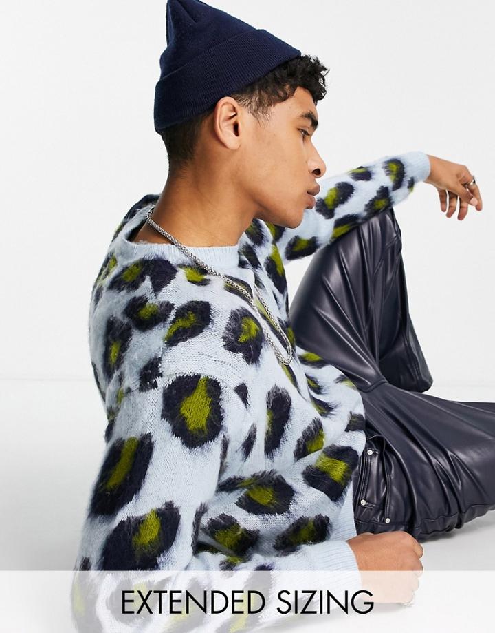 Asos Design Oversized Fluffy Knit Sweater With Leopard Pattern In Blue-multi