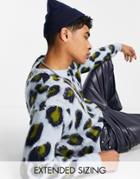 Asos Design Oversized Fluffy Knit Sweater With Leopard Pattern In Blue-multi