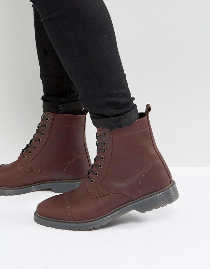 Asos Lace Up Boots In Burgundy Leather With Ribbed Sole - Red