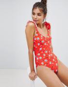 Vero Moda Floral Swimsuit With Ruffle Straps - Red