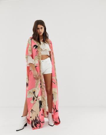 Aratta Kimono In Bird Print - Pink