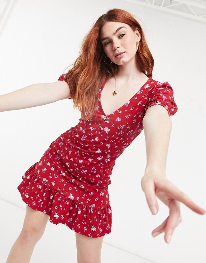Asos Design Button Up Mini Tea Dress In Berry Floral Print-purple