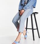 Asos Design Wide Fit Harvey Mid Heeled Mule Sandals In Blue Print-blues