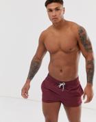 Asos Design Swim Shorts In Burgundy Super Short Length With Black & White Drawcord - Red