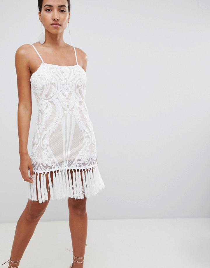 In The Style Placement Sequin Strappy Tassel Hem Mini Dress - White