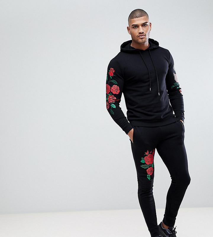 Asos Tall Tracksuit Hoodie/skinny Joggers With Embroidered Rose Print In Black - Black
