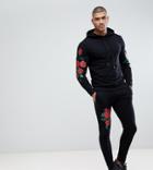 Asos Tall Tracksuit Hoodie/skinny Joggers With Embroidered Rose Print In Black - Black