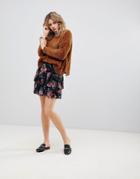 Ichi Floral Tiered Skirt-black