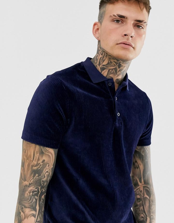 Asos Design Longline Polo Shirt In Ribbed Velour In Navy - Navy