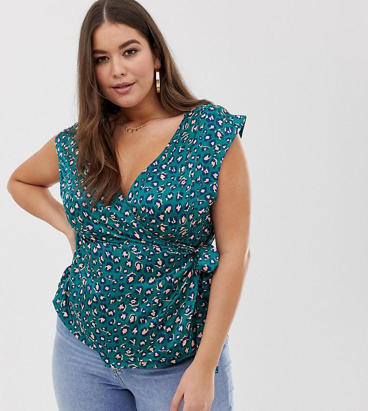 Boohoo Plus Wrap Front Top In Teal Leopard - Multi