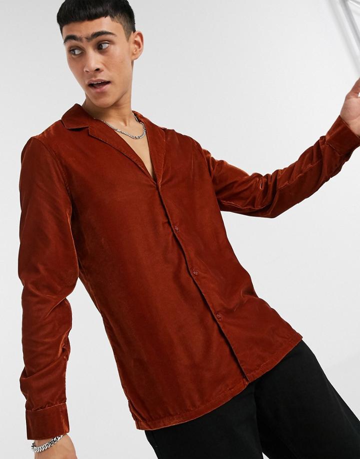 Asos Design Regular Fit Velvet Shirt With Revere Collar In Brown