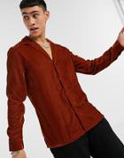 Asos Design Regular Fit Velvet Shirt With Revere Collar In Brown