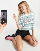 Asos Design Clean Boxy T-shirt In Stripe With Savage Graphic Print-blue