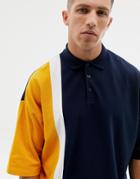 Asos Design Oversized Polo Shirt In Pique Fabric With Vertical Color Block In Navy - Navy