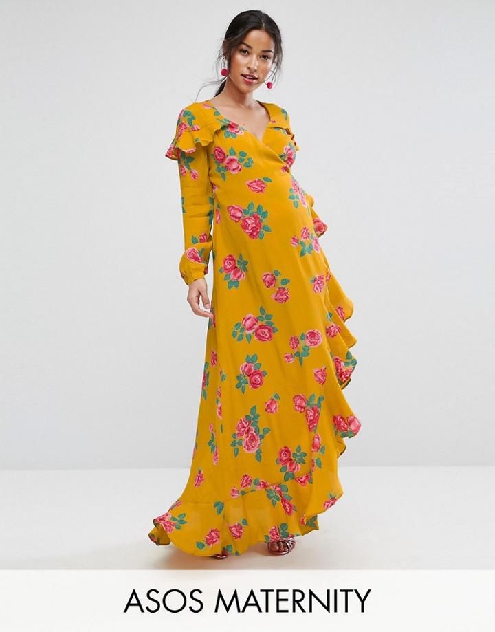 Asos Maternity Long Sleeve Wrap Maxi Tea Dress In Bold Floral - Multi