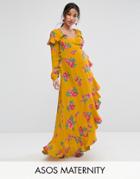 Asos Maternity Long Sleeve Wrap Maxi Tea Dress In Bold Floral - Multi