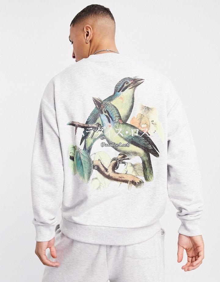Asos Design Oversized Sweatshirt In White Heather With Photographic Bird Print