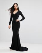 Club L Plunge Neck Maxi Dress With Fishtail - Black