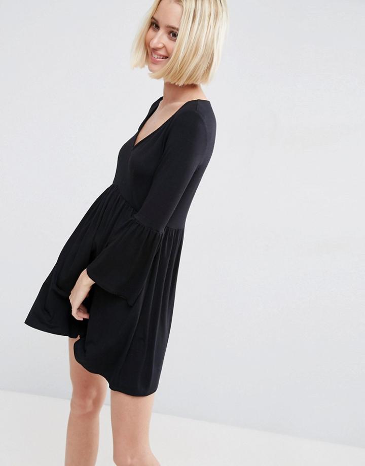 Asos Smock Dress With V Neck And Trumpet Sleeve - Black