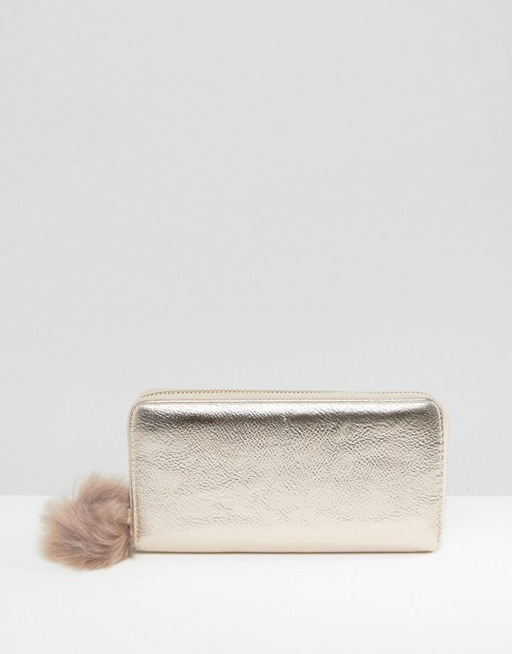New Look Pom Pom Metallic Zip Around Purse - Gold