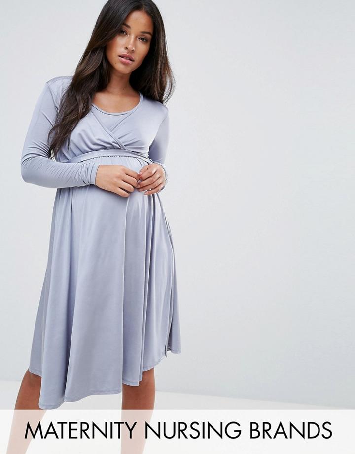Bluebelle Maternity Wrap Front Swing Dress With Tie Belt - Gray