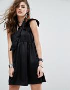 Motel Luxe Silky Tie Neck Dress With Deep V Neck - Black