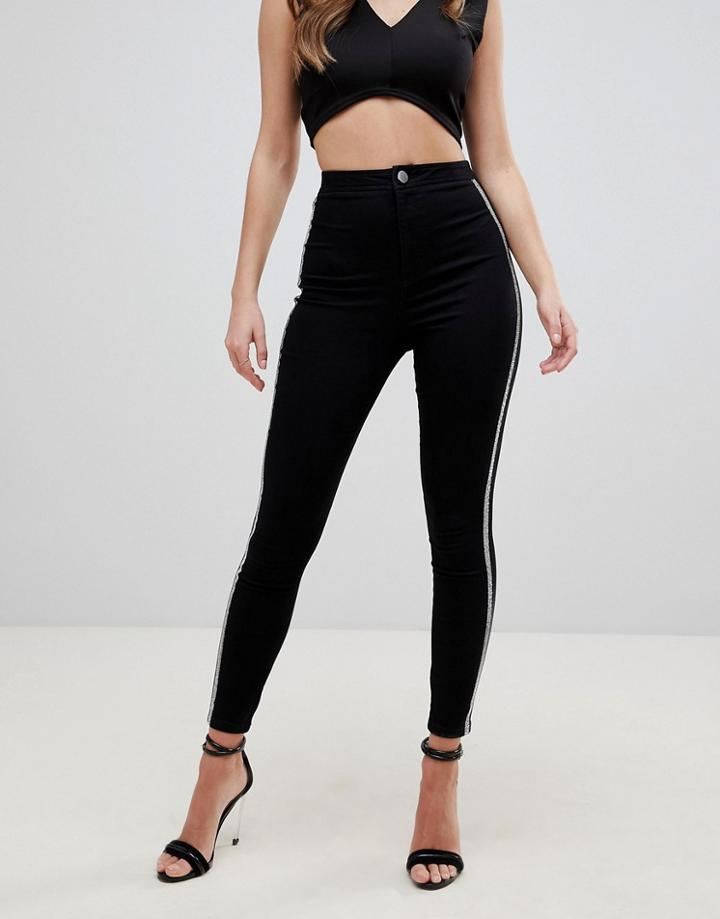 Asos Design Rivington High Waist Denim Jeggings With Rhinestone Detail - Black