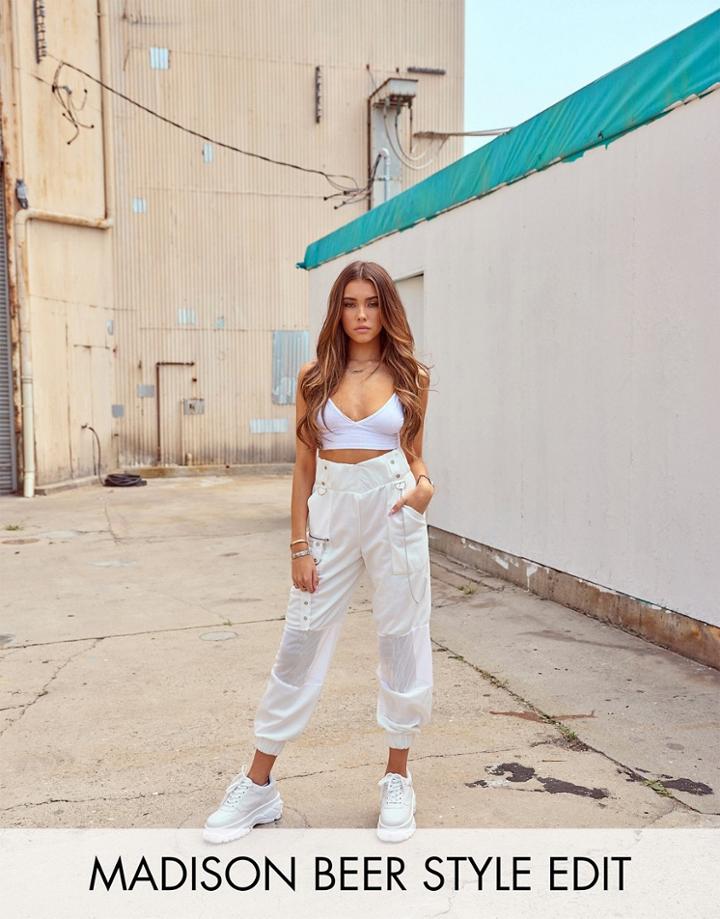 Asos Design Utility Jogger With Metal Trims And Panel Detail - White